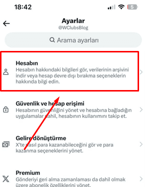 Hesabın sekmesi